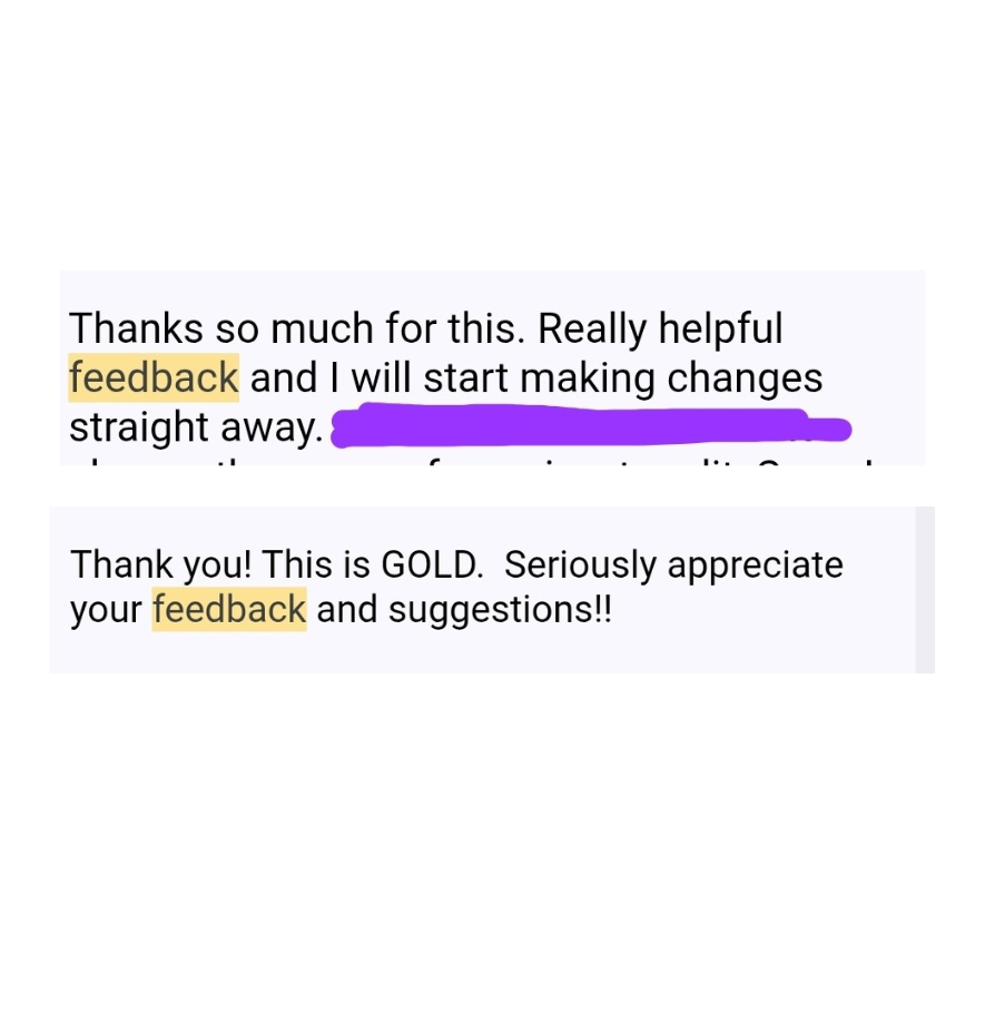 Client feedback: thank you, really helpful feedback