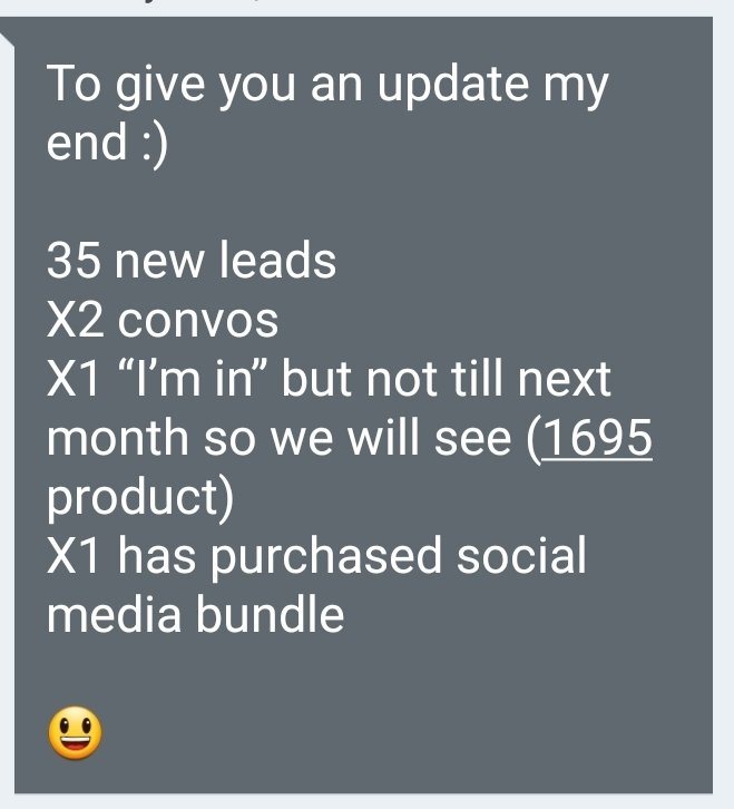 Client update: 35 new leads, 2 conversations, 1 purchase