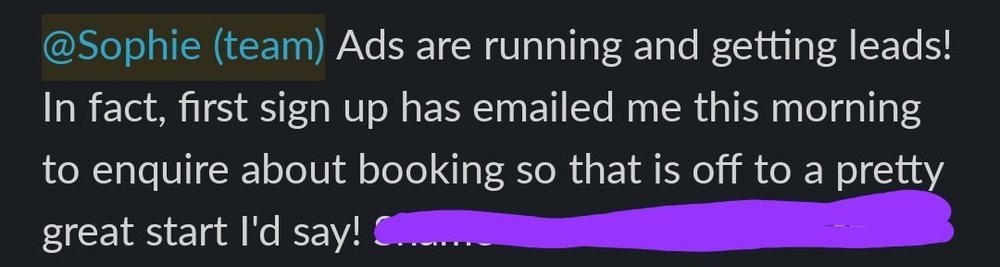 Client message: ads running and getting leads, first sign up has emailed