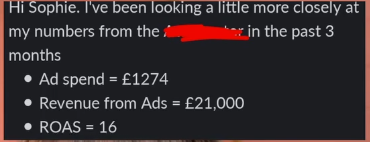 Client message: ad spend ÂŁ1274, revenue from ads ÂŁ21,000, ROAS 16